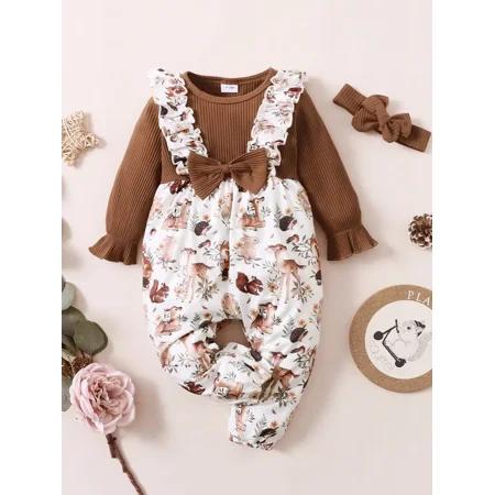

Baby Girls Romper Long Sleeve Animal Print Jumpsuit & Headband