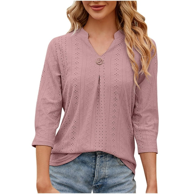 FAIWAD Womens 3/4 Sleeve V Neck Shirt Solid Color Breathable Loose Dressy Work Tunic Tops