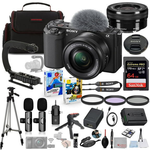 Sony ZV-E10 Mirrorless Camera with 16-50mm Lens (Black) Bundle   Wireless Microphone System   Accessory Package Including 64GB Extreme Memory, U-Grip, Case, Tripod, Software and More (30 Items)