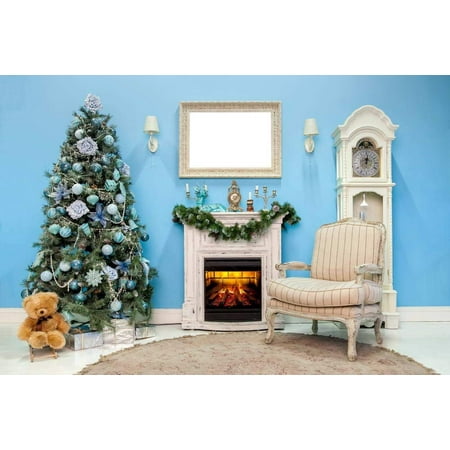 Image of ABPHOTO Polyester Indoor Photography Background Christmas Fireplace Blue Wall Decorated Xmas Tree with Balls Flowers Toy Bear Kids Children Photo Studio Backdrop 7x5ft