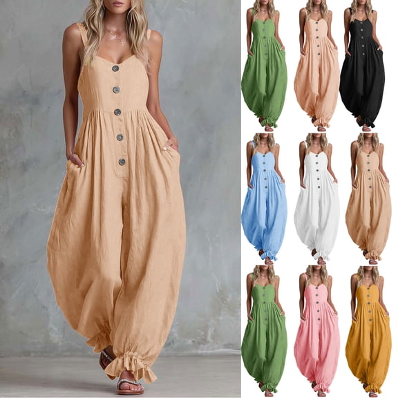 Miluxas Womens Summer Sleeveless Overalls Jumpsuit Button Down High Waist Wide Leg Lantern Rompers Y2K Street Balloon Jumpsuits with Pockets White