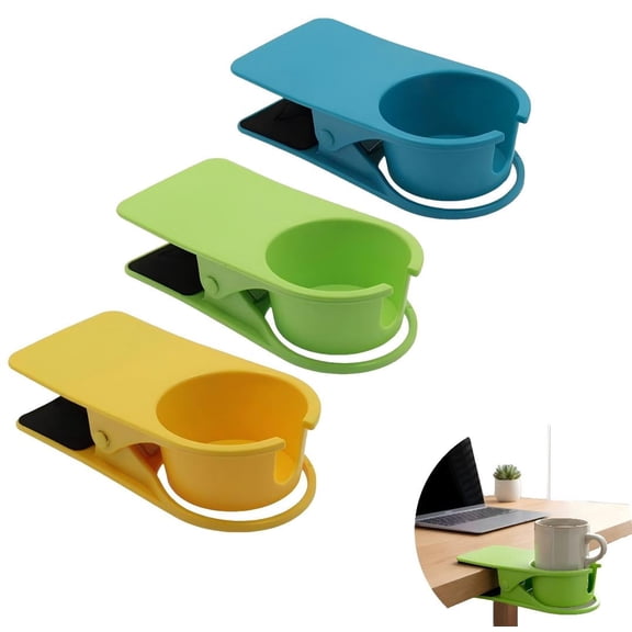 3Pcs Drinking Cup Holder Clip, Desk Drink Holder Clip, Chair Cup Clip Holder, Universal Portable Cup Clip for Water, Drink, Beverage, Soda, Coffee, Mug, Blue Green Yellow