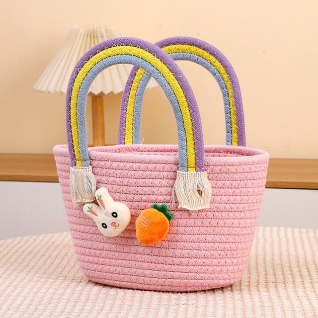 Cesta de almacenamiento para conejos de Pascua Bolsa de algodón - Azul Rosa Púrpura 30x18x15cm • Cubo reutilizable de caramelos • Decoración para fiesta de búsqueda de huevos • Bolso con asa al aire