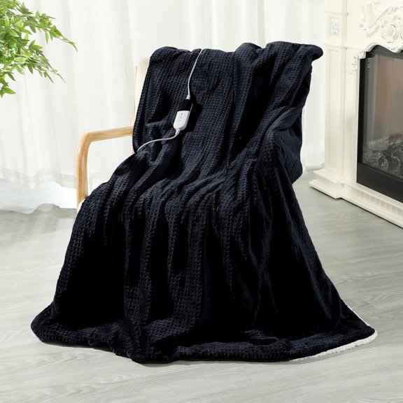 TRUSTWARMTH Electric Heated Blanket Throw - 50" x 60" Fast Heating Blanket with 6 Heating Levels & 4 Hours Auto off, Soft Sherpa & Waffle Pattern,Black