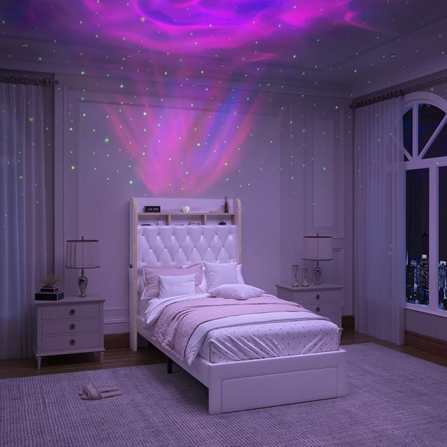 SIBEDS LED Bed Frame with Storage Drawer and Galaxy Star Projector White Upholstered Black Tufted Wingback Headboard, Twin