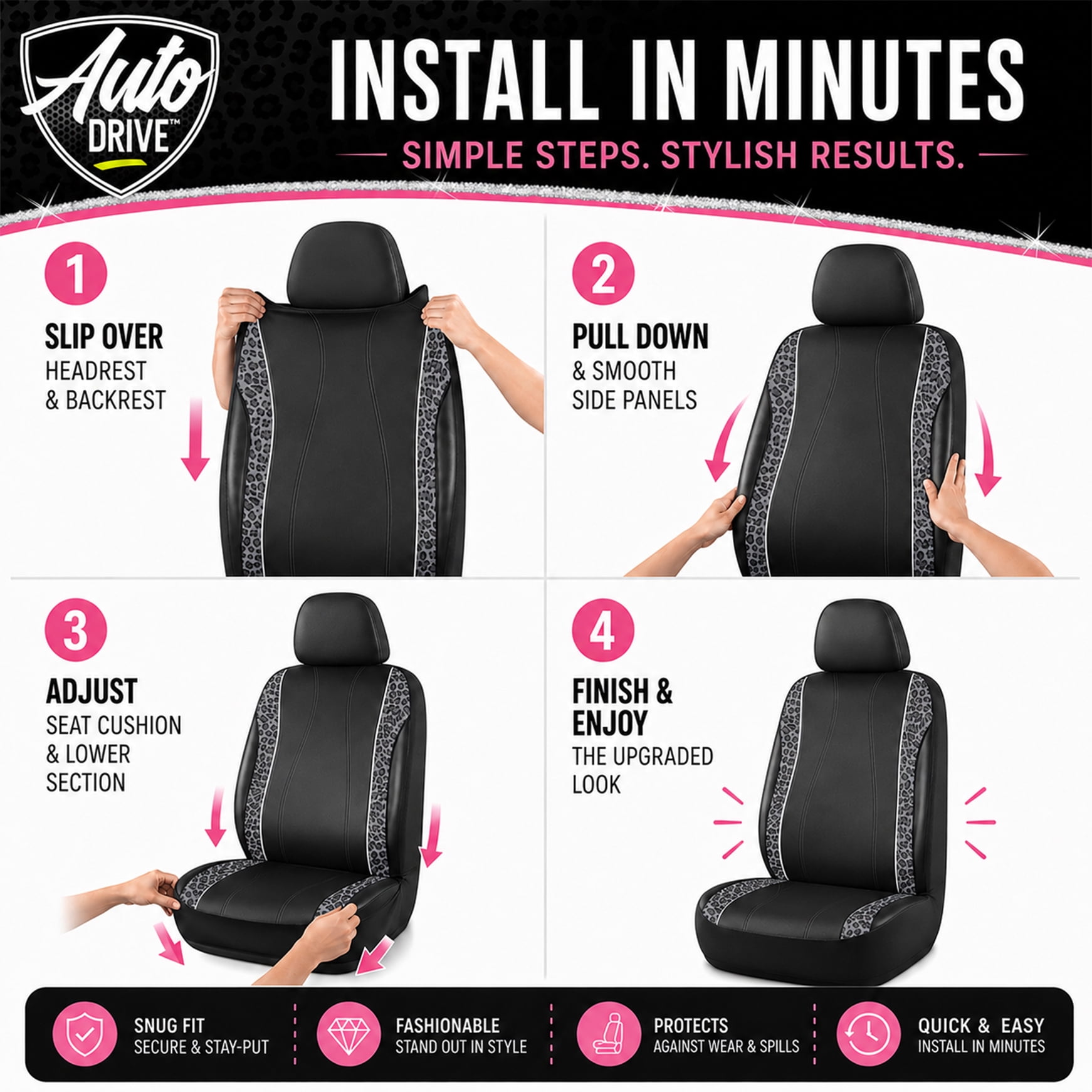 Auto Drive Car Seat Covers , Fashion Seat Covers,Leopard Print & Rhinestone Trim Front Seat Covers, Universal Fit, Airbag Compatible for Cars, SUVs and Trucks,Black