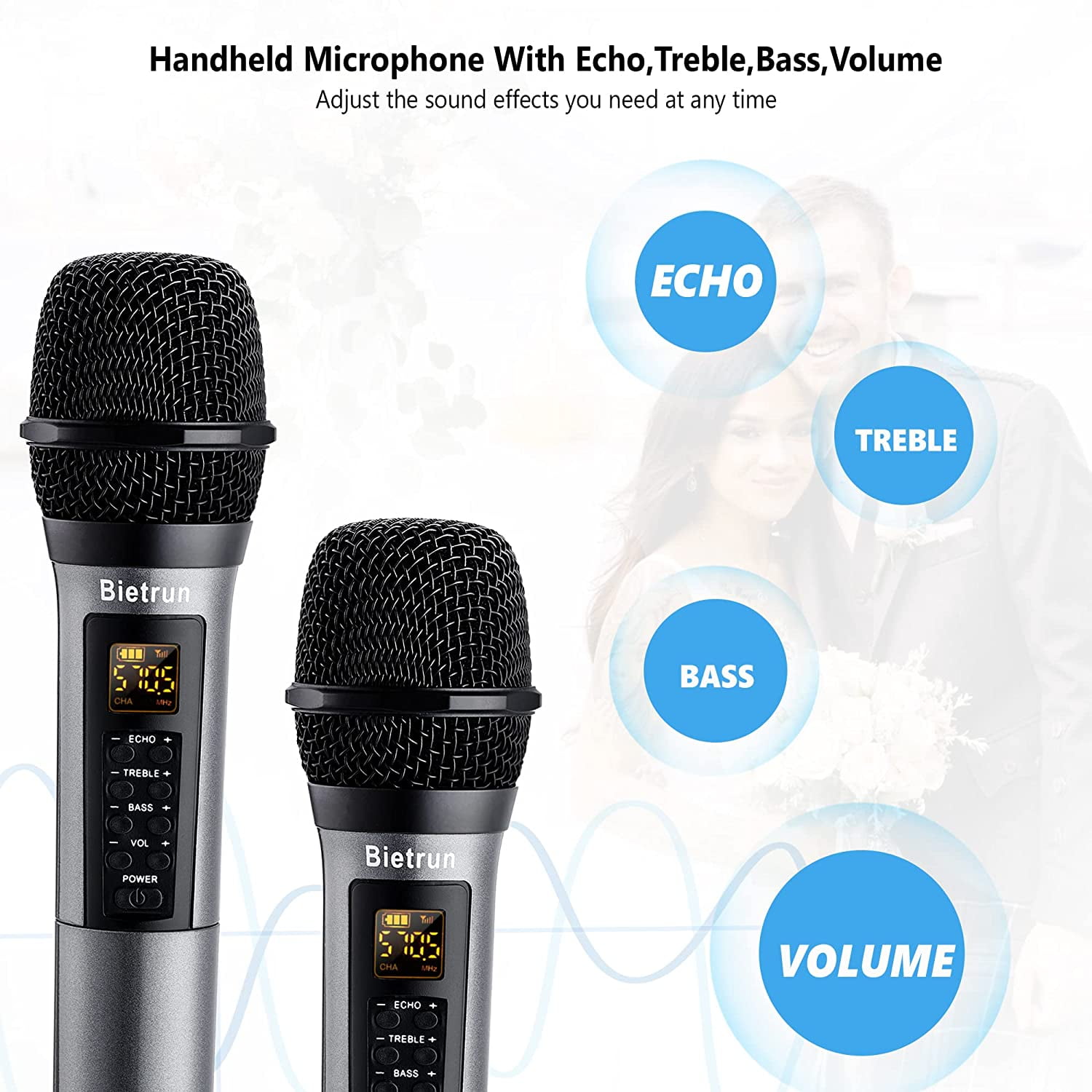 Wireless Microphone, Bietrun UHF Metal Dual Handheld Cordless Dynamic Mic  System with Rechargeable Receiver, 1/4''Output, for Karaoke, Church,  Speech