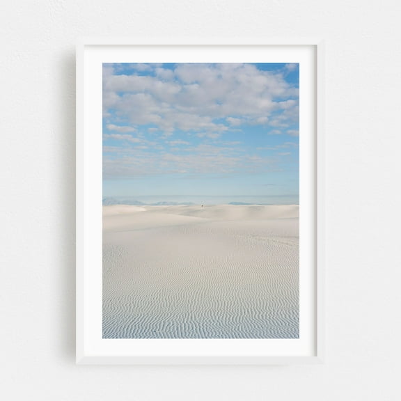 White Sands New Mexico Hiker II - New Mexico Photography Desert Landscape Minimalist Nature Scenic Pastel Wilderness White Framed Wall Art Print 12 x 16 inches