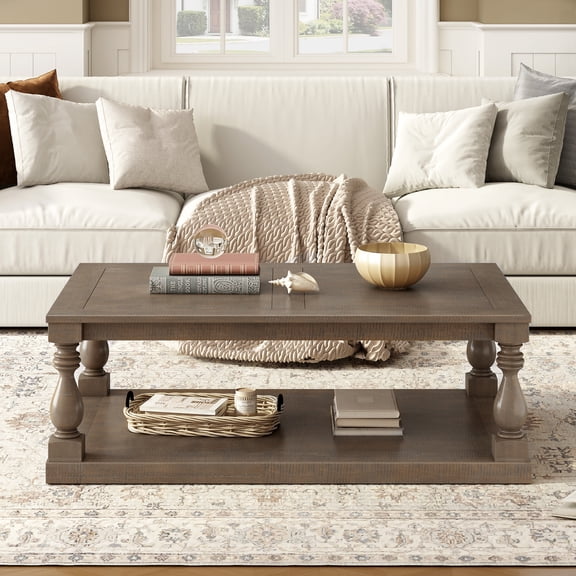 Vintage Coffee Table with Artistic Vase Column Legs, Pine Veneer Top, Retro Center Table with Solid Wood Legs, 43.5" Rectangular Coffee Table for Living Room, Study, Brown
