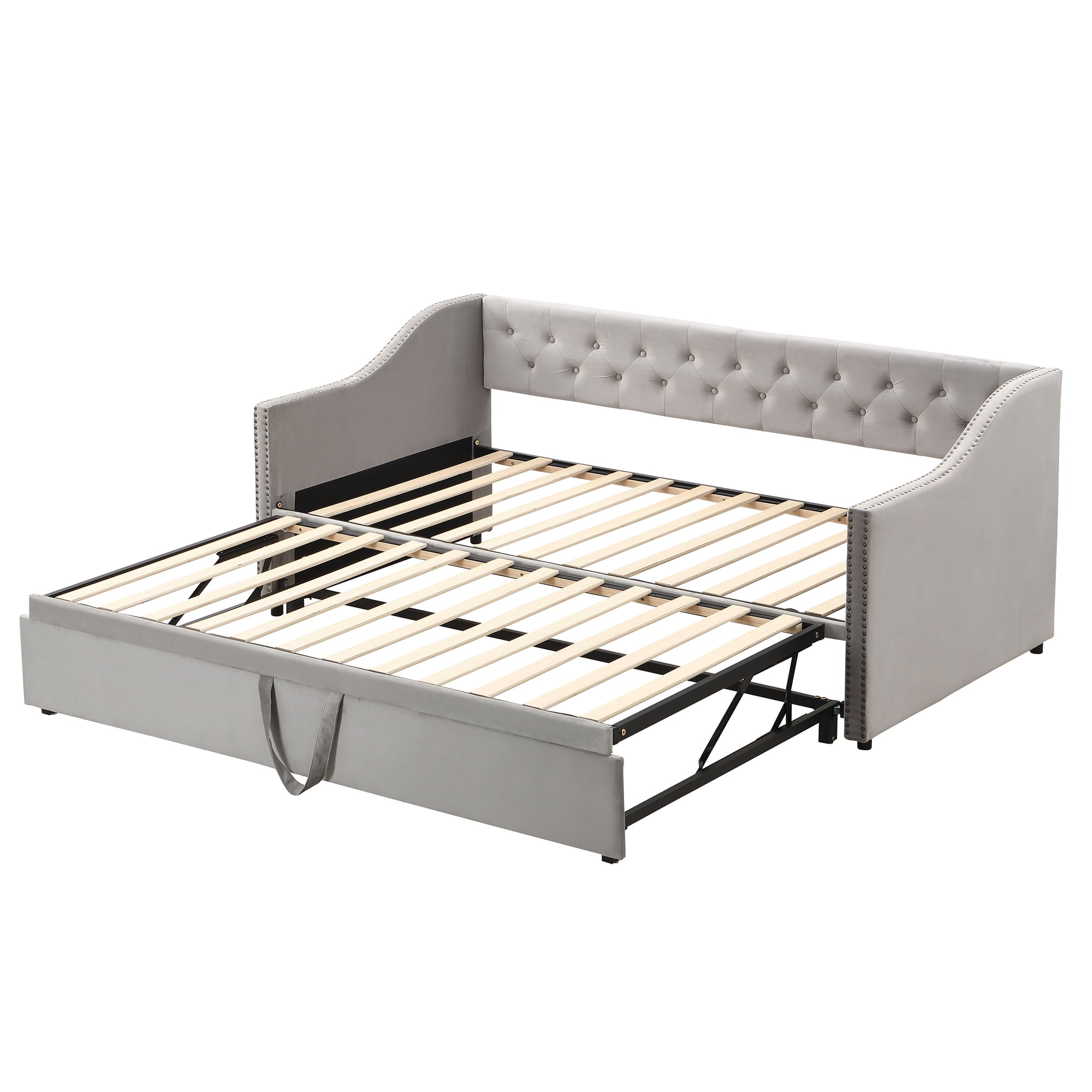 Aukfa Twin Daybed with Pop-Up Trundle, Velvet Upholstered Bed Frame with Button Tufted Back and Nailhead Trim, Space Saving Guest Bed for Kids Room/Living Room, Gray