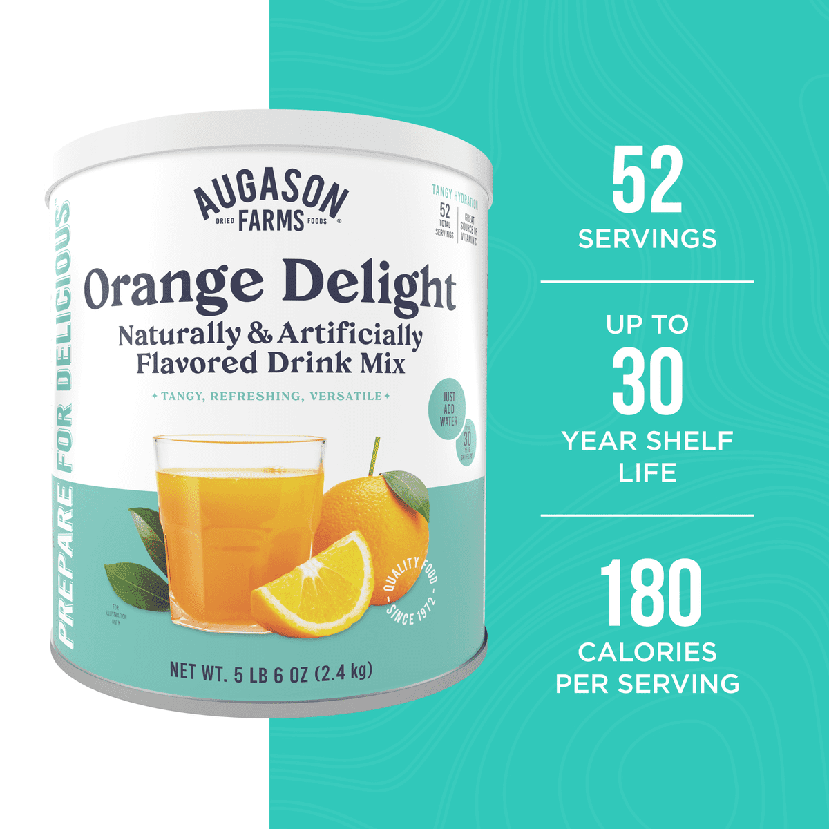 Orange Delight Flavored Drink Mix, 52 Servings, 30 Year Shelf Life, Certified Gluten Free, Good Source of Vitamin C - Canned Orange Citrus Flavor Drink Mix Powder, Emergency Food Supplies