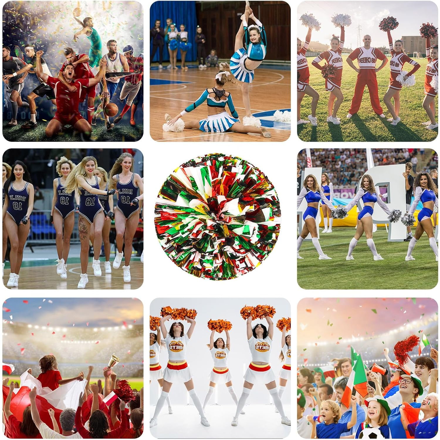 Cheerleader Pom Poms 24 Pack Sports Dance Cheering Plastic Metallic Cheerleading Pom Poms for Kids Adults-Ring Style