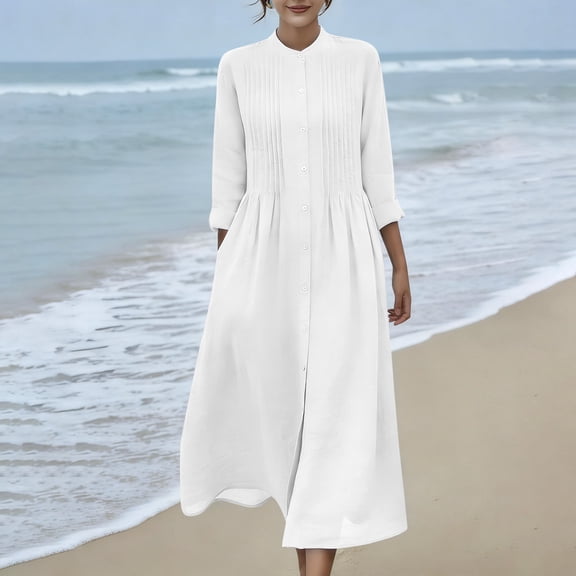 Women Maxi Dresses Summer Casual Cotton Long Sleeve Button Up Shirt Dresses 2026 Beach Feminine flowy Dress White S