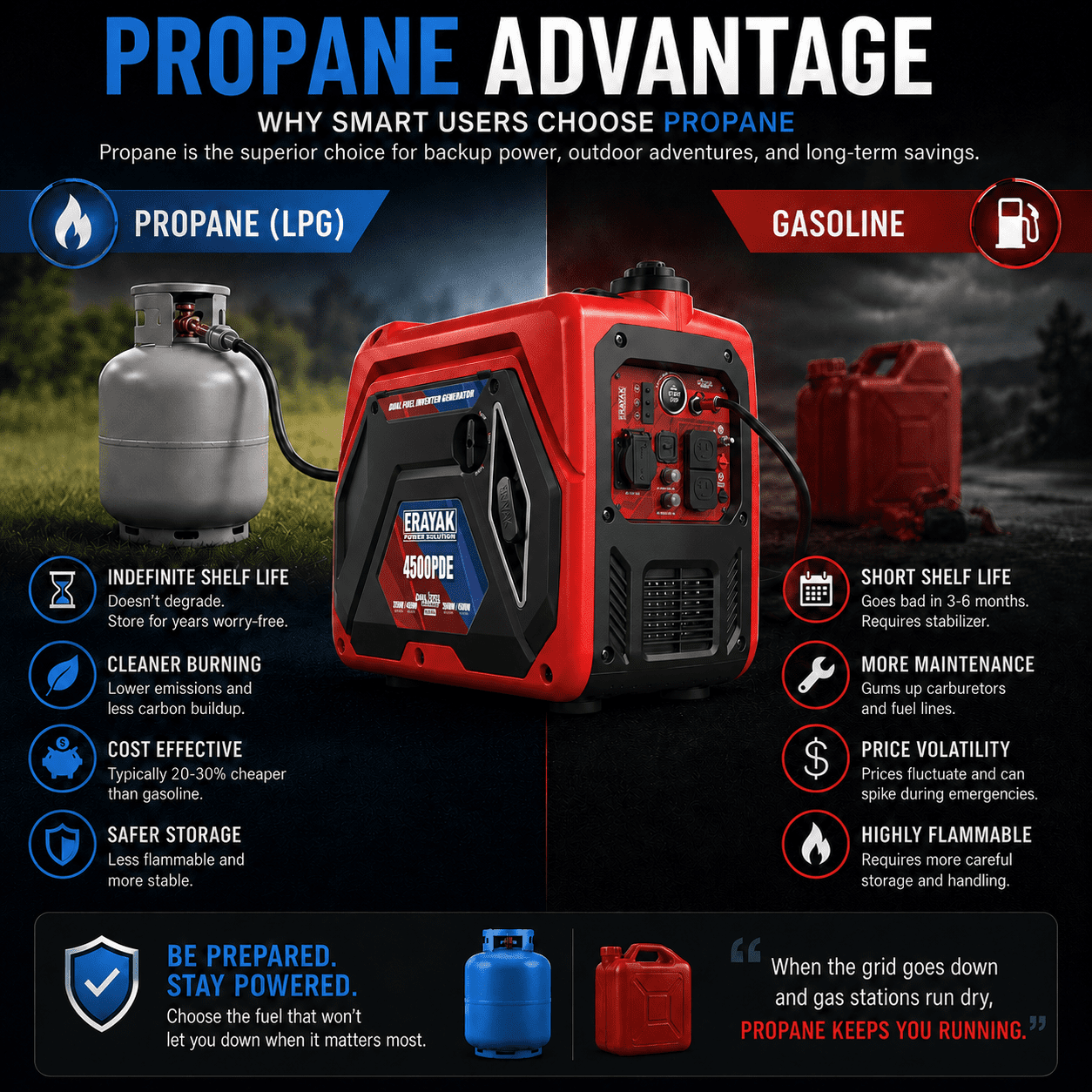ERAYAK 4500W Dual-Fuel Portable Generator: Electric Start, Gas Propane RV Ready, CO Alert