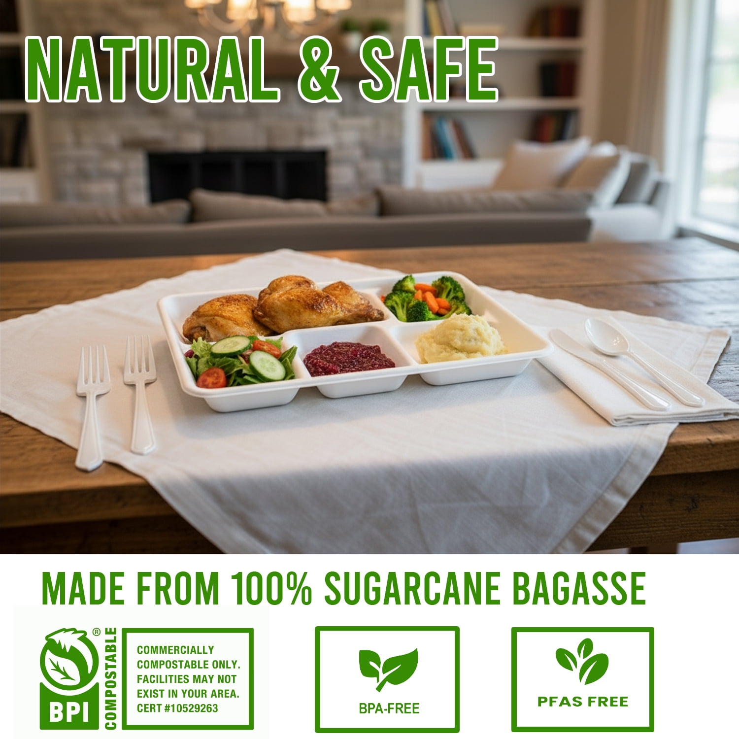 BEIDOU-PAC 5 Compartment, Compostable, Heavy Duty Disposable Paper Plates, 10.3"* 8.3", 150 Count Lunch Tray