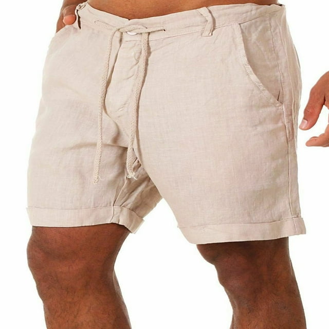 Men Shorts Solid Color High Waist Cotton Linen Short Pants Casual