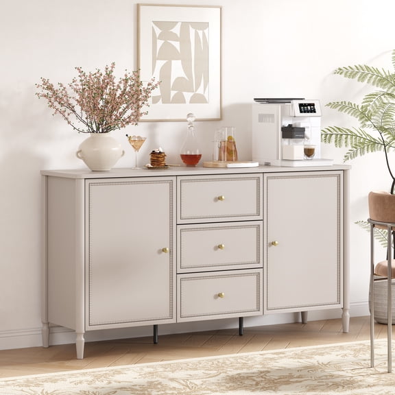 Beige 59" Sideboard Buffet Cabinet with 3 Drawers and 2 Doors, Adjustable Shelves for Living Room Dining Room