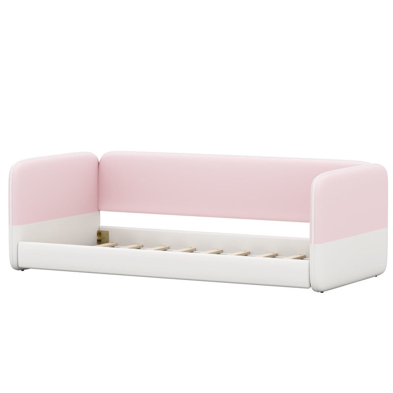 Twin Size Kids Low Profile Platform Floor Bed with Headboard and Armrests, Velvet Upholstered Child Daybed Frame with Guardrail