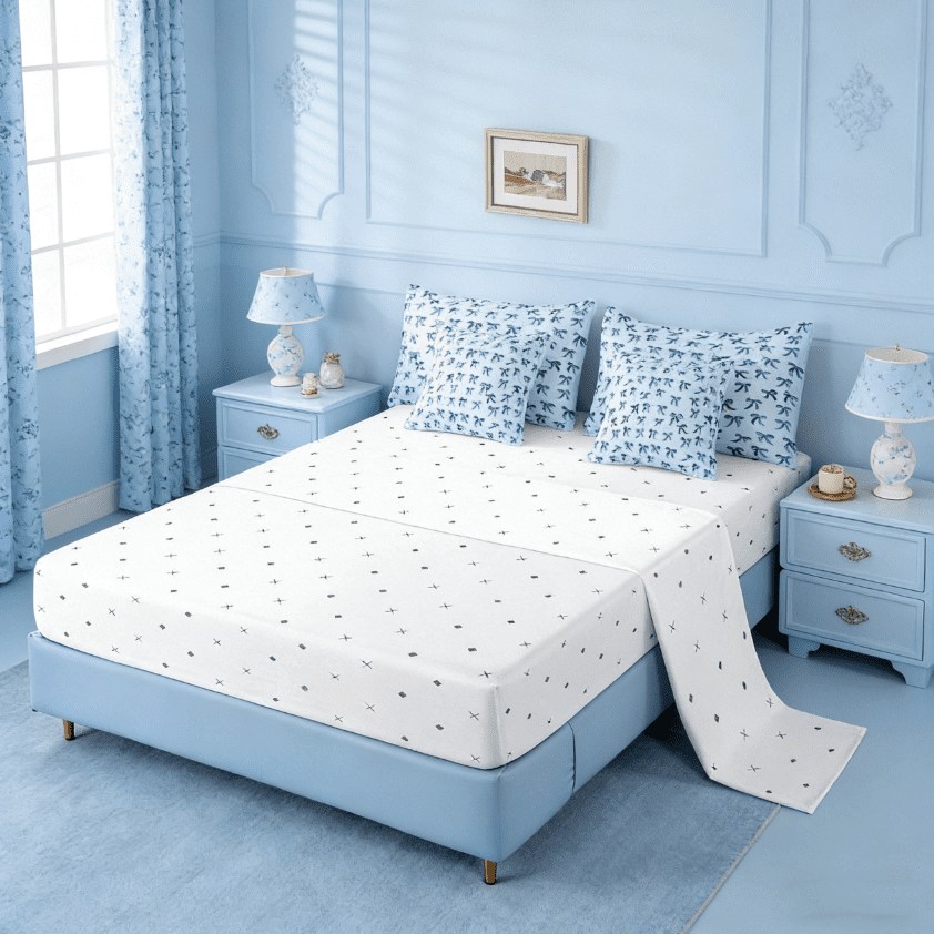 Manfei Cute Bowknot Bedding Comforter Set 7 Pieces,Girls Ribbon Bow Full Bedding Set,Dreamy Blue Fitted Sheet Flat Sheet For Girls,Super Cozy Bedroom Decor,Reversible