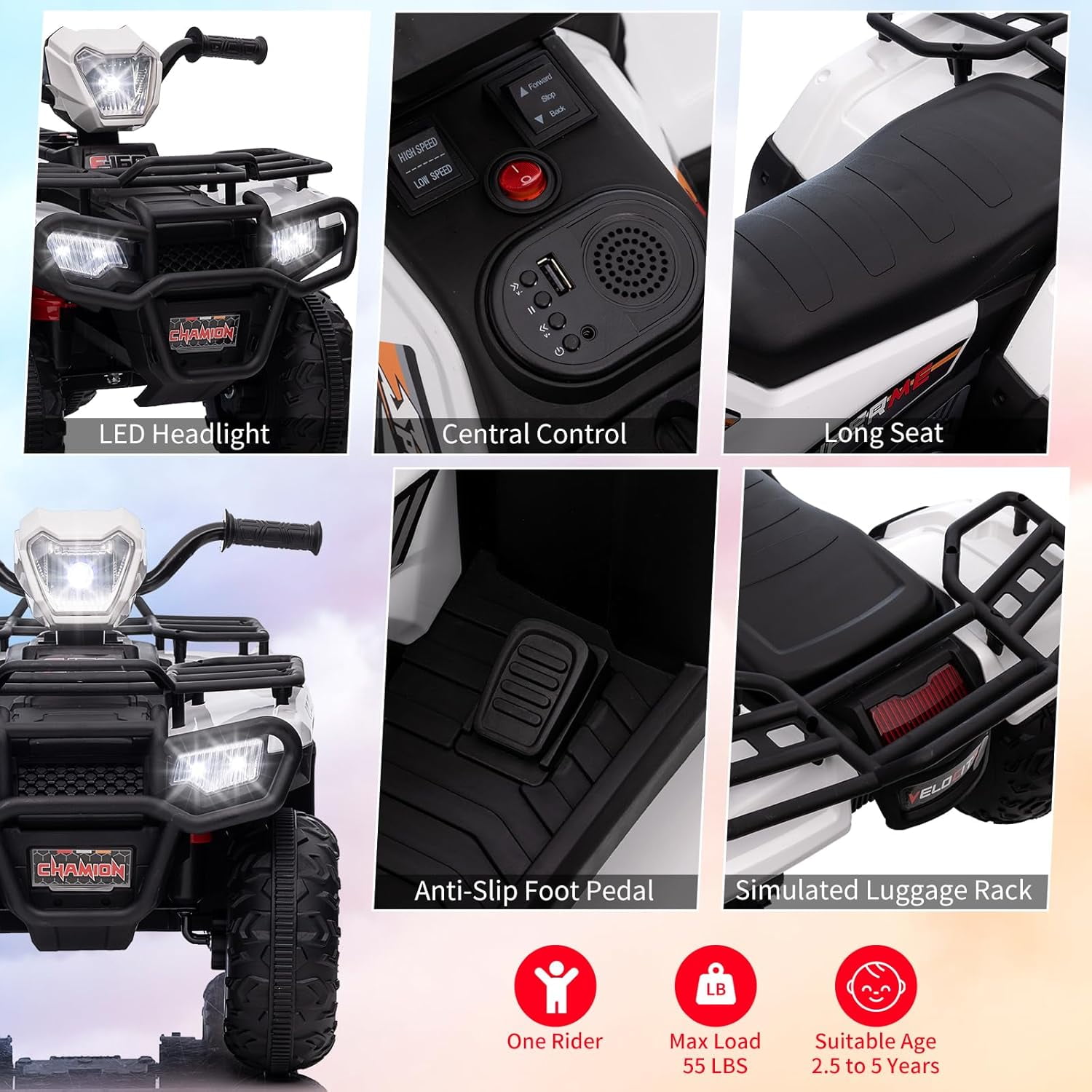 Historyli 12V Ride on ATV, High/Low Variable Speed Ride on Electric Vehicle with LED Light & Music, White
