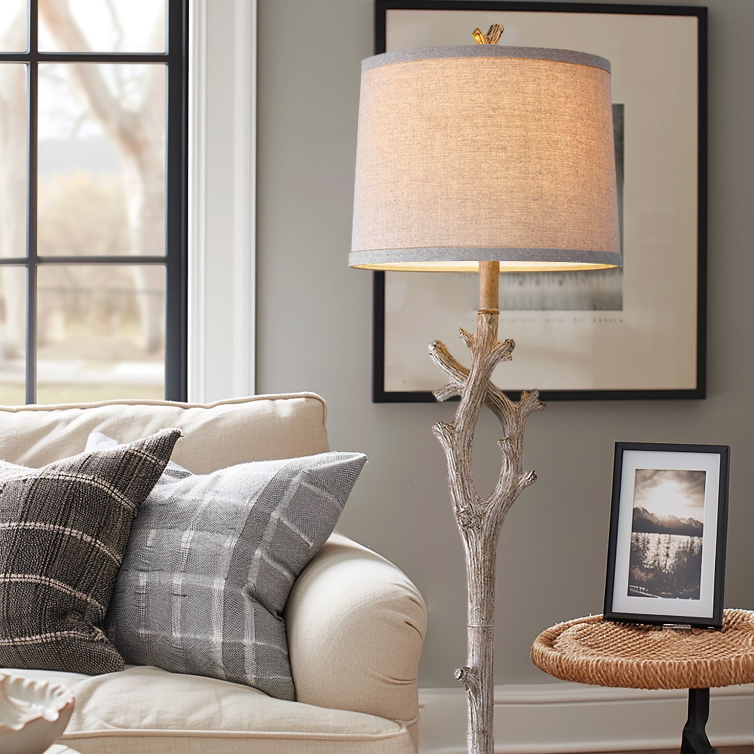 Oneach 59.75" Farmhouse Floor Lamp with Lamp Shade,Retro Tree Trunk Deco Standing Lamp for Bedroom, Living Room, Office