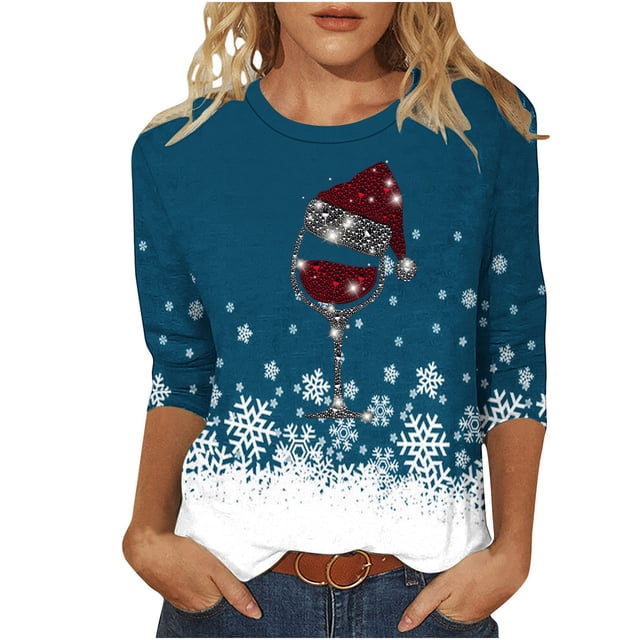 Camisetas de Navidad para Mujeres, 3/4 Manga Cuello Redondo Blusa con Estampado de Vacaciones, Top de Moda Casual