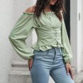 thumbnail image 5 of FAIWAD Women's Off Shoulder Cropped Tops Long Sleeve Ruffle Trim Puff Long Sleeve Tops, 5 of 8