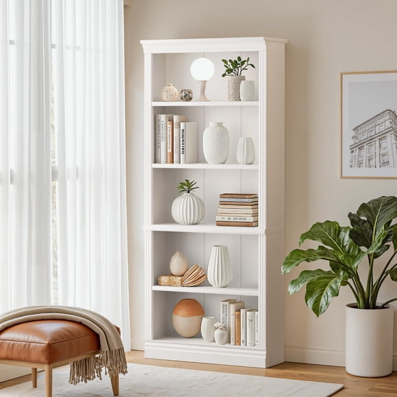 Homall Bibliothèque en Bois Hautes Étagères à Livres 5 Présentoirs Rangement Organisation Mobilier pour Salon, Blanc