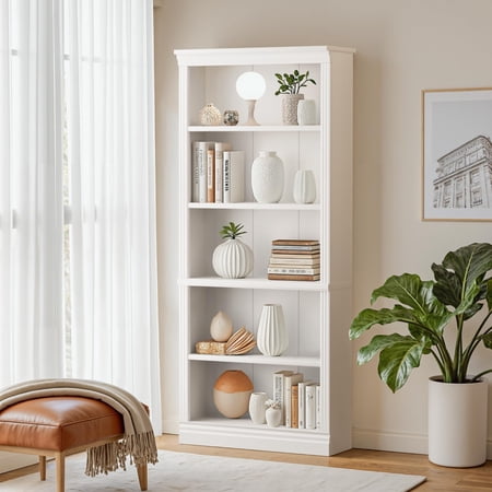 Bookcase Bookshelves 5-Shelf Tall Bookcase 71 Wood Open Display Floor Bookshelf Large Storage Organizer for Library Bedroom Living Room (White)