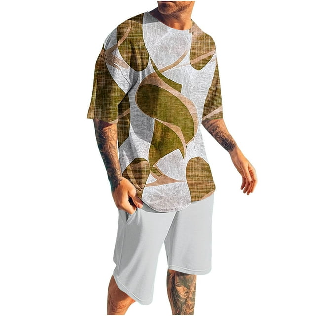 Ensemble pour Hommes : Blouse à Manches Courtes à Col Rond et Shorts à Taille Élastique, Tenue d'Été Décontractée en Polyester pour l'Extérieur, Bleu Taille P