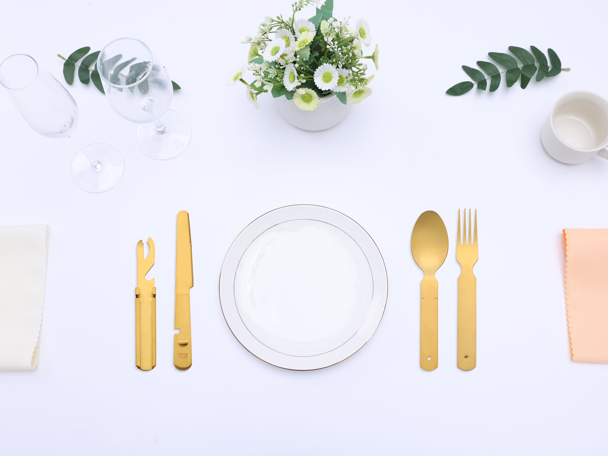 Unique Bargains Stainless Steel Flatware Set with Forks and Spoons Gold 4 Pcs