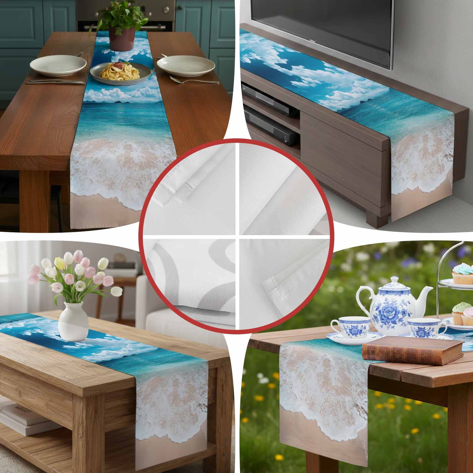 Turquoise Ocean Watercolor Beach Table Runner 90 Inches Long, Summer Seaside Blue Sky Table Runners Tabletop Scarf Kitchen Dining Tables Decoration for Home Party Indoor Outdoor