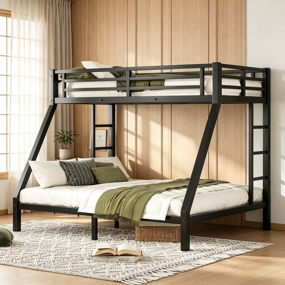 Bellemave Twin XL over Queen Bunk Bed with Dual Side Ladders for Teens Adults, Heavy-Duty Metal Bunk Bed Frame with UnderBed Storage Space for Bedroom Apartment, Black
