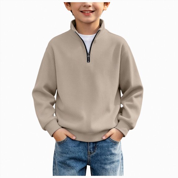 mgoYE Boys Quarter Zip Pullover Long Sleeve Corduroy Shirts Oversized Sweatshirts Kids Preppy Clothes Teens Hoodie 4-15T(Khaki,13-14 Years)