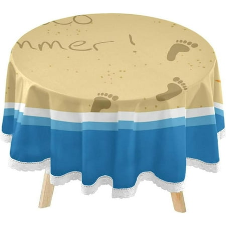 SKYSONIC Hello Summer Beach Round Tablecloth 60inch Indoor Wrinkle Free, Circular Lace Table Cover Washable for Kitchen Party BBQ Dining Decor