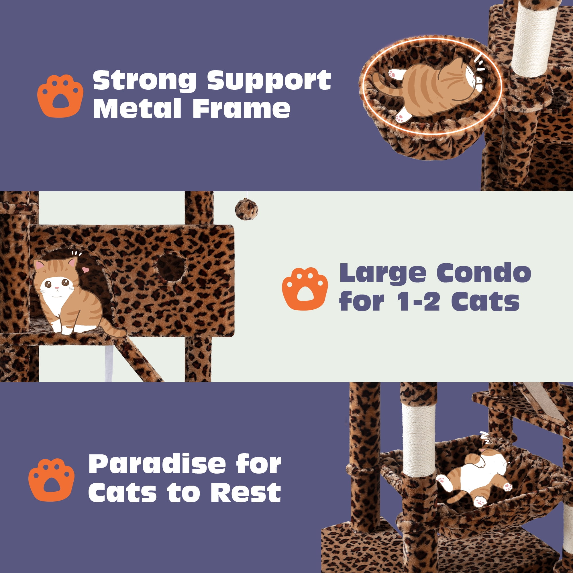 Sifurni 81" Multi-Level Tall Cat Tree Tower for Large Cat with Cat Condo and Hammock, Scratching Post & Scratching Ramp, Leopard Print