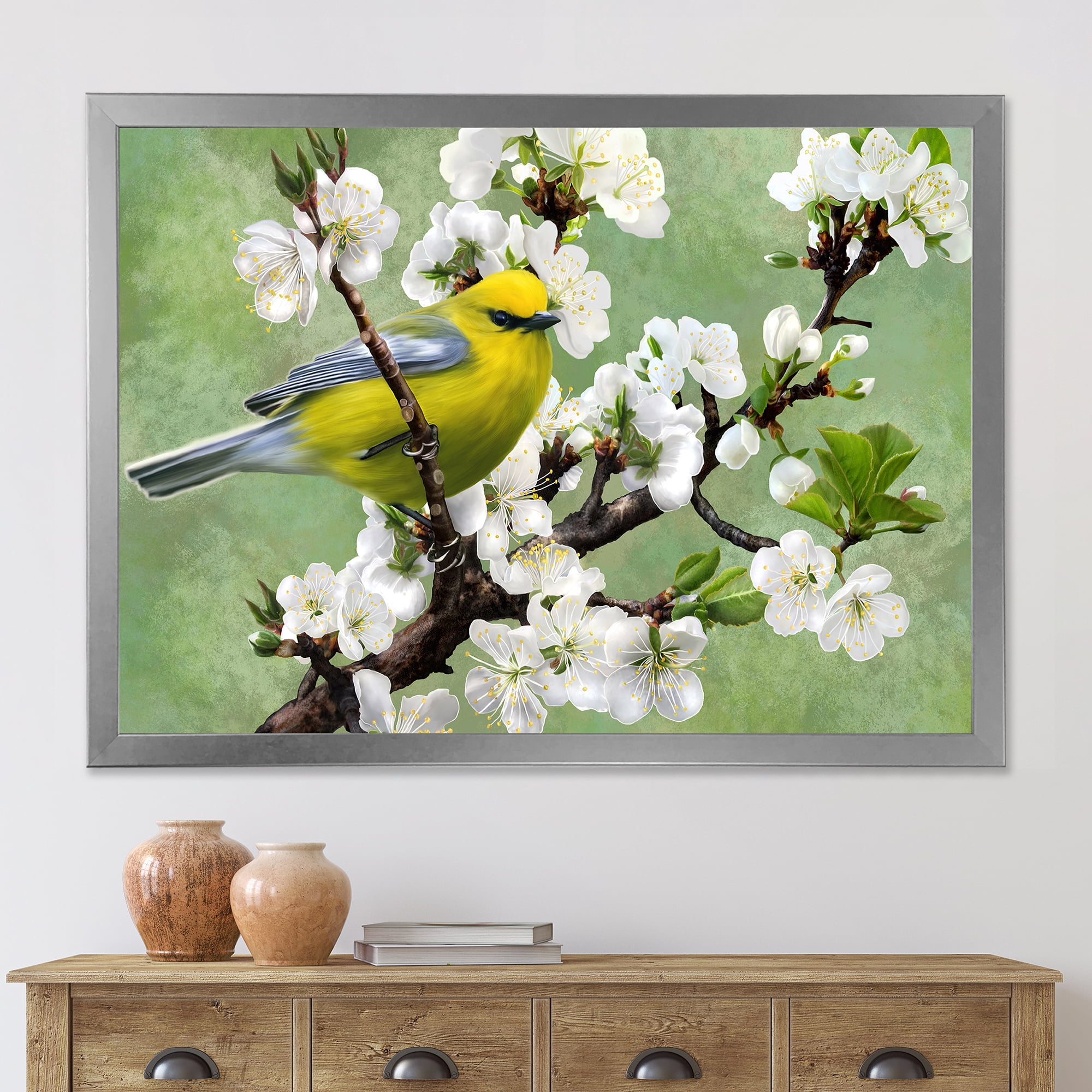 Designart 'Bird Sitting On A Branch of Cherry' Traditional Framed Art Print