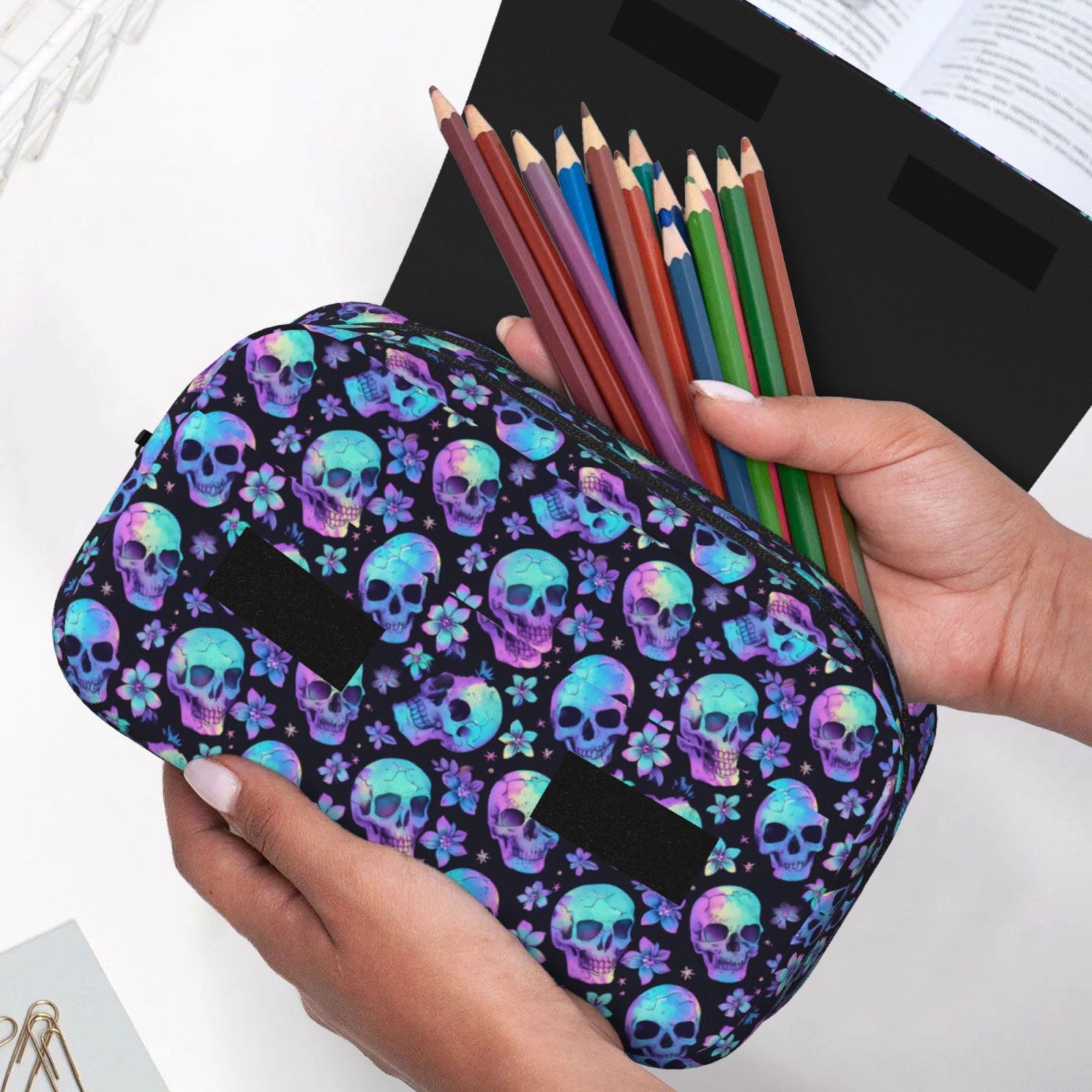 Rateoe Skull flower tie dye Pattern Double Clamshell Pen Case, Storage Organizer with Two Zipper Compartments– Holds Up to 50 Pencils & Pens