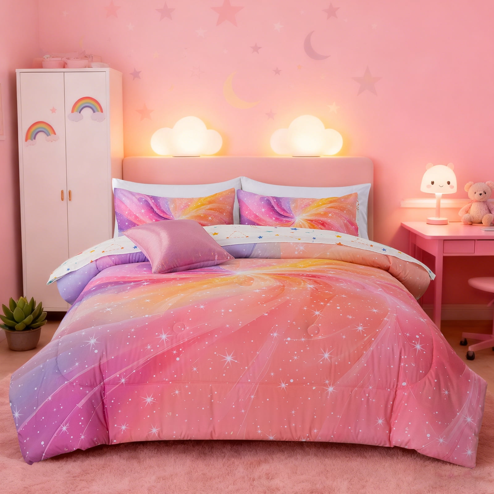 Btargot 6 Piece Twin Kid Comforter Set for Girl Pink Purple Swirl Gradient Glitter Bed-in-a-Bag