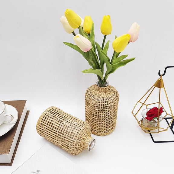 ETEREAUTY Rustic Farmhouse Woven Straw Vase for Flower Arrangement, 1 Piece Decorative Home