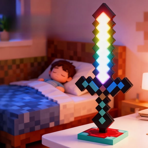 D.FAMILY Pixel Fantasy Diamond Sword Light - Multicolor RGB LED Night Lamp & Gaming Desk Decor ﻿ ﻿