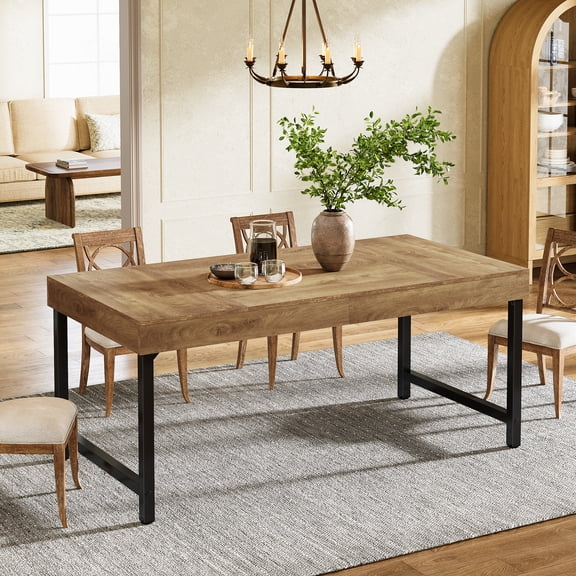Finmind 55" Farmhouse Dining Table for 4-6, Industrial Rectangular Kitchen Table with Heavy-Duty Metal Legs, Rustic Brown