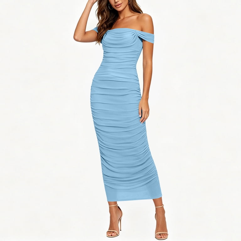 stretchy off shoulder dress Kojanyu Women's Off Shoulder Bodycon Maxi Dress Ruched Stretchy Cocktail Party Club Dress Elegant Fitted Long Dress S-xl, Size: Large, Blue