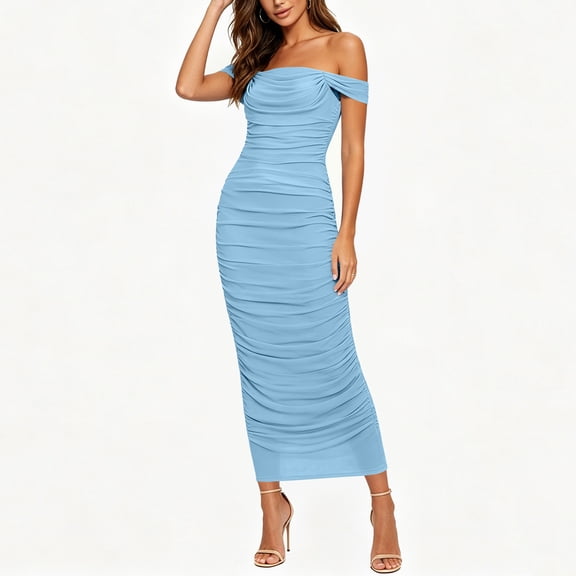 LEAVINGSUO Summer Dresses For Women Fashion Skirt Sleeveless Off-The-Shoulder Sleeveless High Waist Dresses Solid Color Sky Blue S