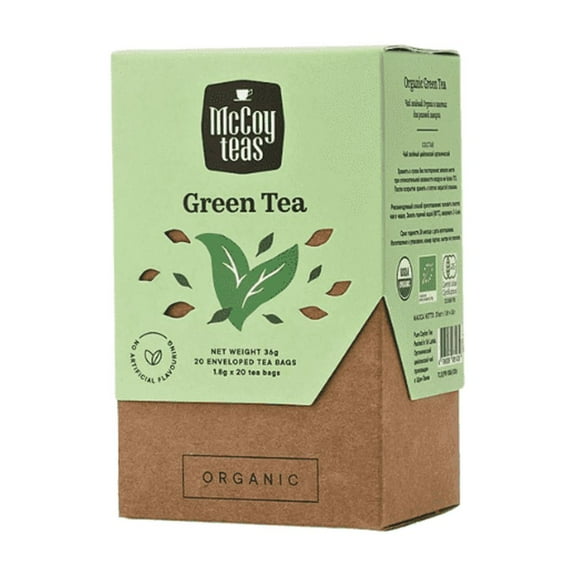 McCoy Teas Organic Green Tea with Ceylon and Sencha, Premium Tea from Sri Lanka, 20 Individually Wrapped Tea Bags (1 Pack)
