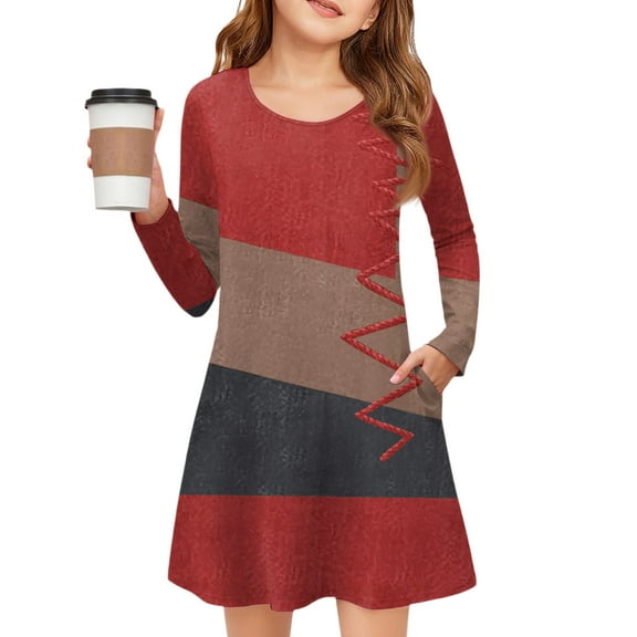 YOUYEDIAN Dresses for Girls 4-5 Long Sleeve Fall Dress Fashion Crew Neck Sundresses With Pockets Vermilion 4-5 Years