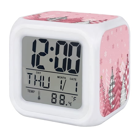 Blush Pink, Digital Alarm Clock for Bedrooms, Smart LED Alarm Clock with 7 Color Changing Night Light, Christmas Pine Tree Lattice Dots Silent Wake Up Clocks for Sleep Study Cooking 3.2x3.2