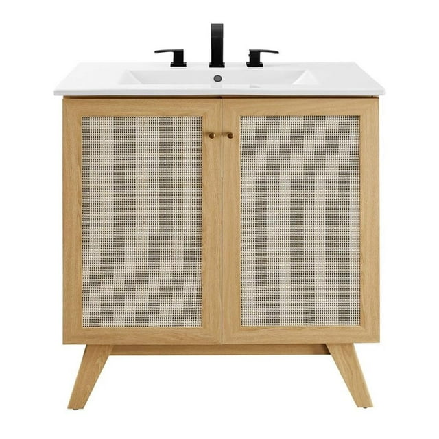 Pemberly Row Coiffeuse de Salle de Bain Moderne en Bois de 30 Pouces avec Étagère Réglable en Chêne/blanc