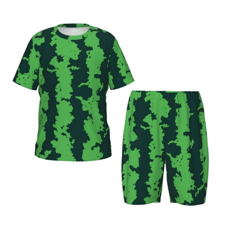 Luyuia Green Stripes Of Watermelon Print Girls  2-Piece Tie-Dye Pajama Set  Cute Summer Loungewear with Shirt and Tank Shorts Nightwear-3X-Large