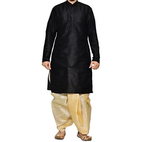 Royal Men's Art Silk Blend Dhoti Kurta Set_Black